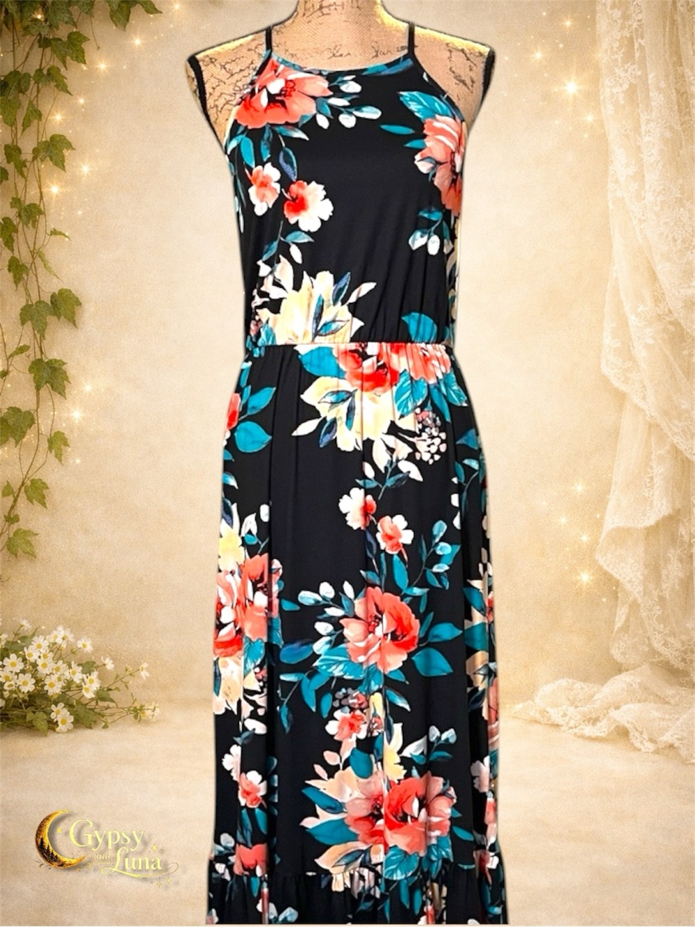 French Grey Boho Floral Maxi Dress - Size M